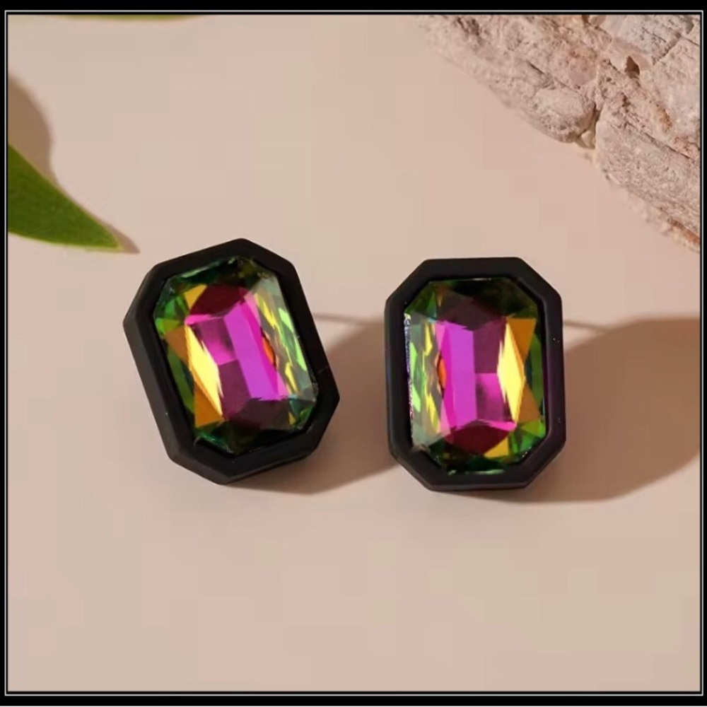 New Black Matte & Colorful Prism Mod Box Earrings - Picture 2 of 4